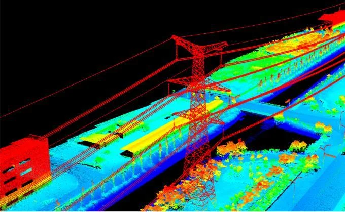 Corredor de energia e terreno representados em levantamento LiDAR — aplicação publicada pela GeoSun, contexto da tecnologia sem identificação do modelo deste item Corredor de energia e terreno representados em levantamento LiDAR — aplicação publicada pela GeoSun, contexto da tecnologia sem identificação do modelo deste item