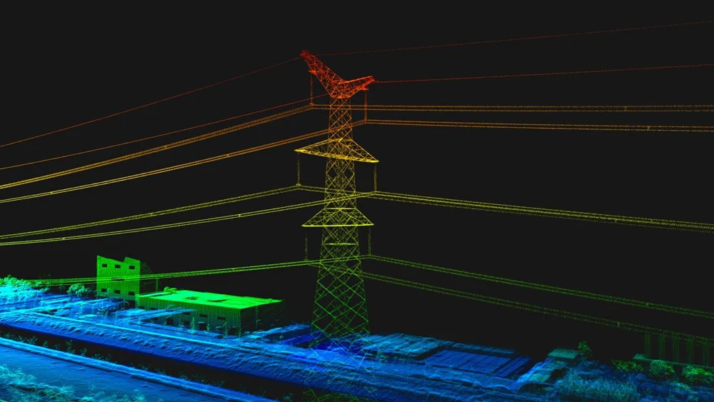 Linha de transmissão reconstruída a partir de levantamento LiDAR — aplicação publicada pela GeoSun, contexto da tecnologia sem identificação do modelo deste item Linha de transmissão reconstruída a partir de levantamento LiDAR — aplicação publicada pela GeoSun, contexto da tecnologia sem identificação do modelo deste item